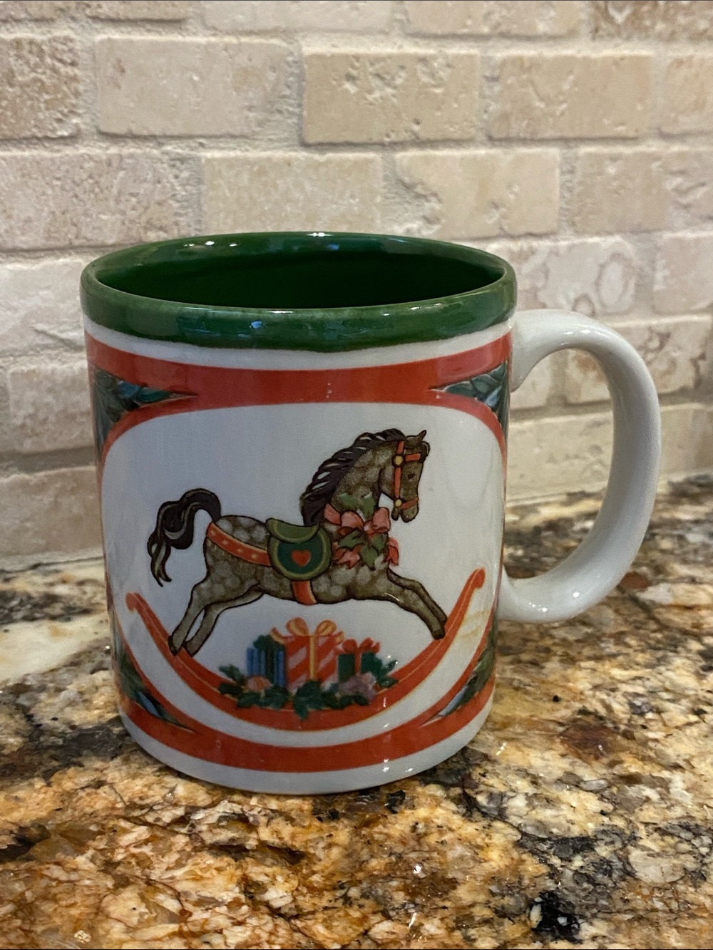 Vintage Otagiri Japan Festive Green and Red Rocking Horse Ceramic Mug